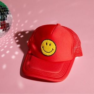 Smiley Face Trucker Hat in RED